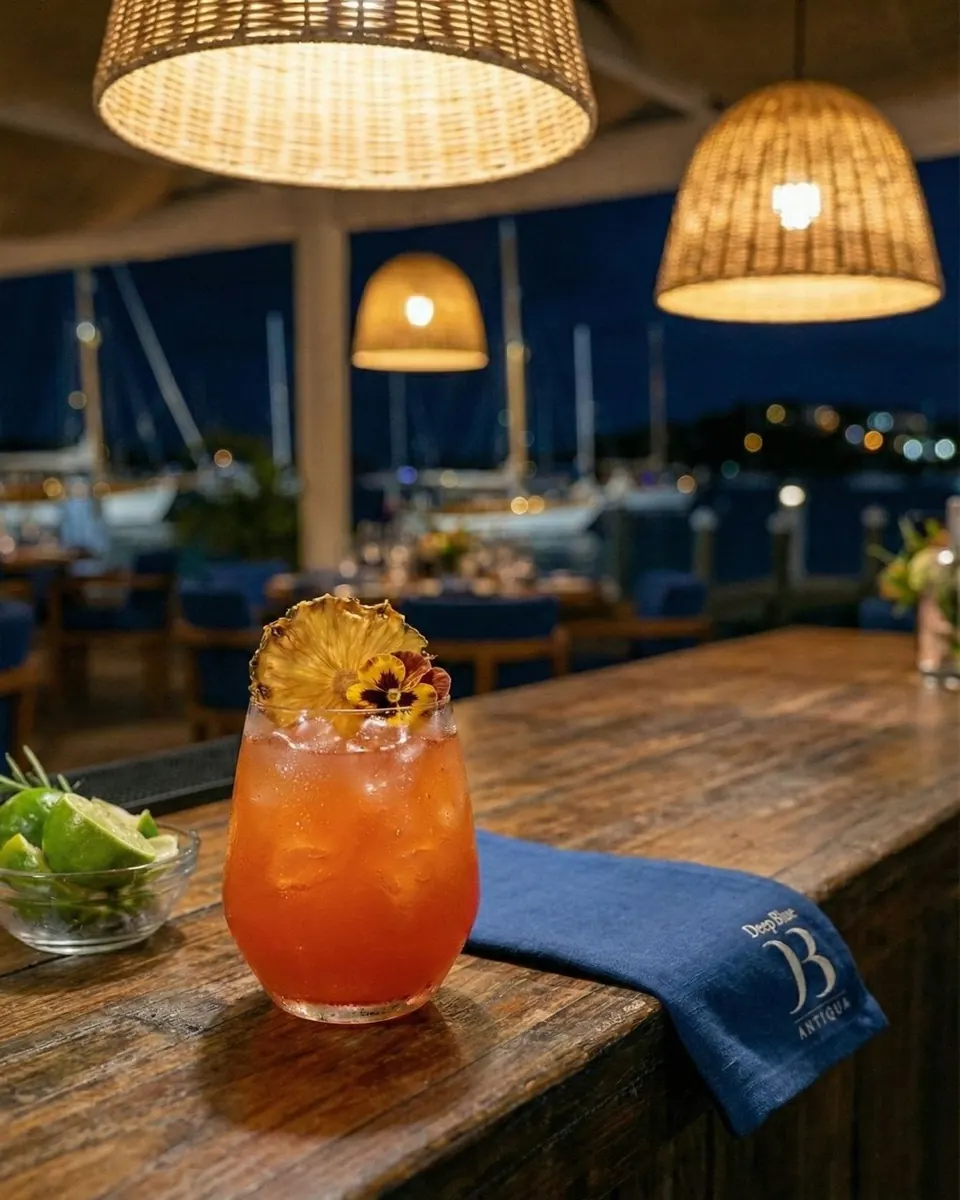 Cocktail garnished with pineapple and edible flower at the bar, marina lights in the background