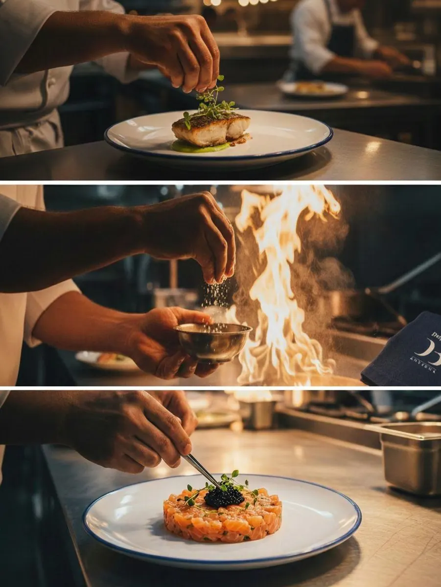 Chef at work: plating fish, searing over an open flame, finishing a tartare