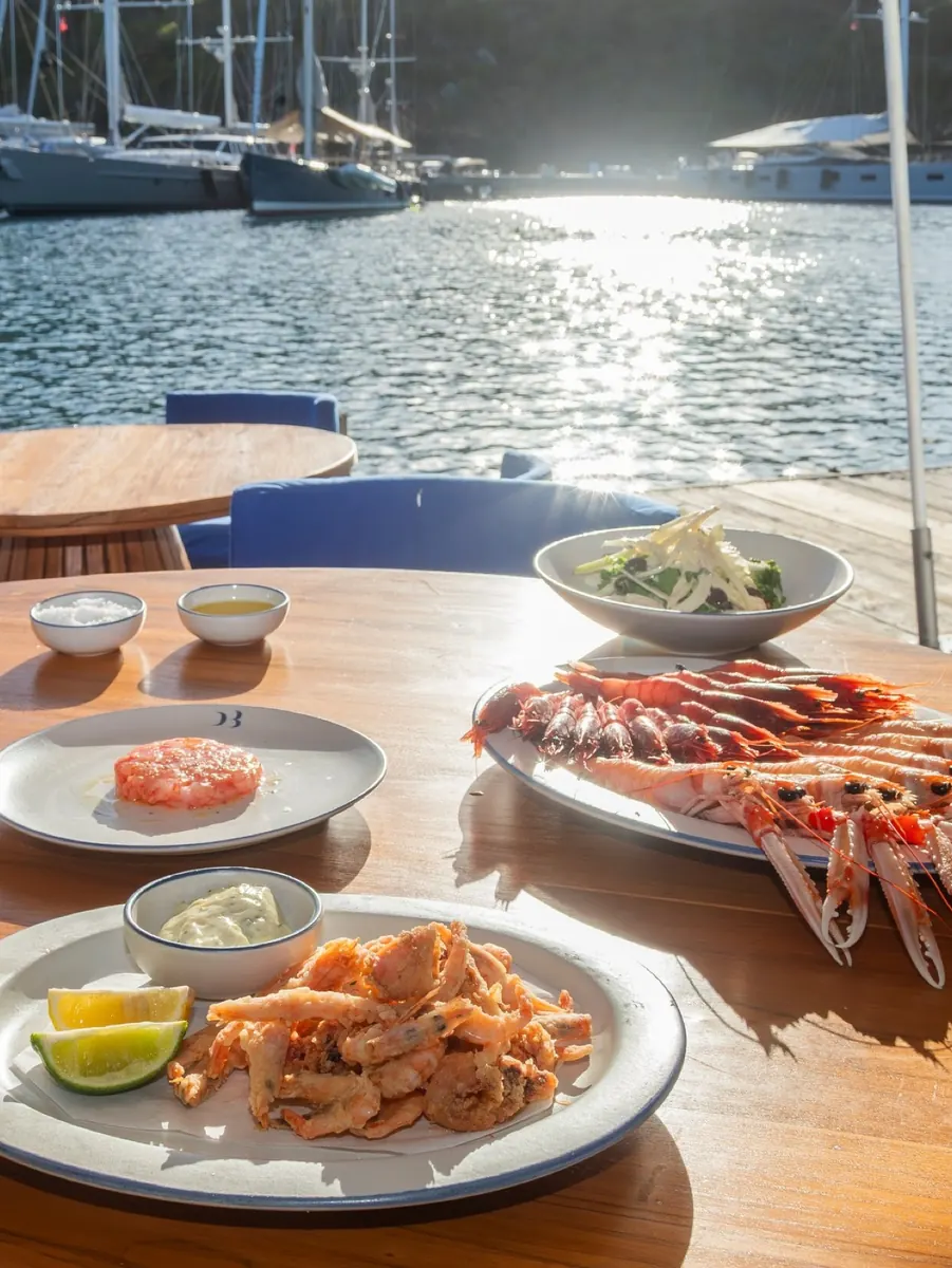 Table set waterside with langoustines, tartare and fried seafood, English Harbour in the background