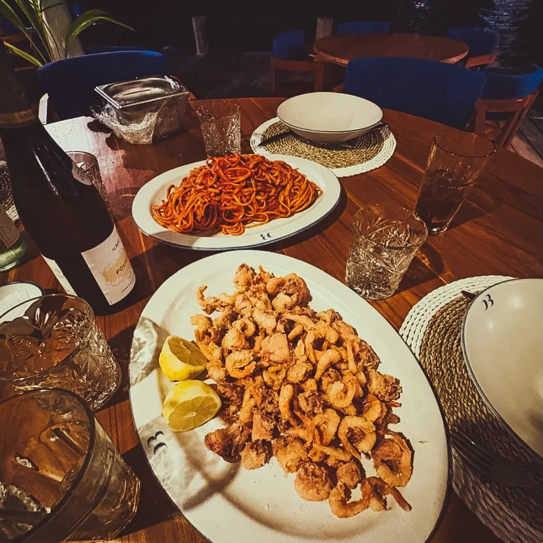 Dinner on the dock: pasta, fried calamari, wine