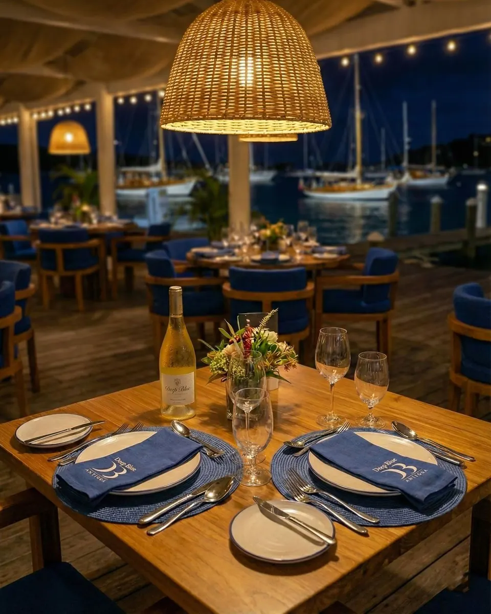 Table set for dinner at night, boats of the marina in the background